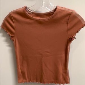 Girls Brown Top With Lettuce Cut Bottom And Lettuce Cut Sleeves